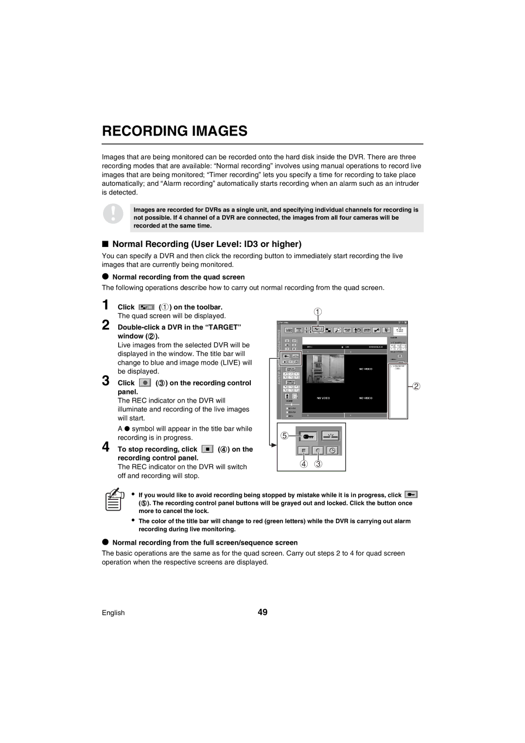 Sanyo VA-SW80LITE instruction manual Recording Images, Normal Recording User Level ID3 or higher 