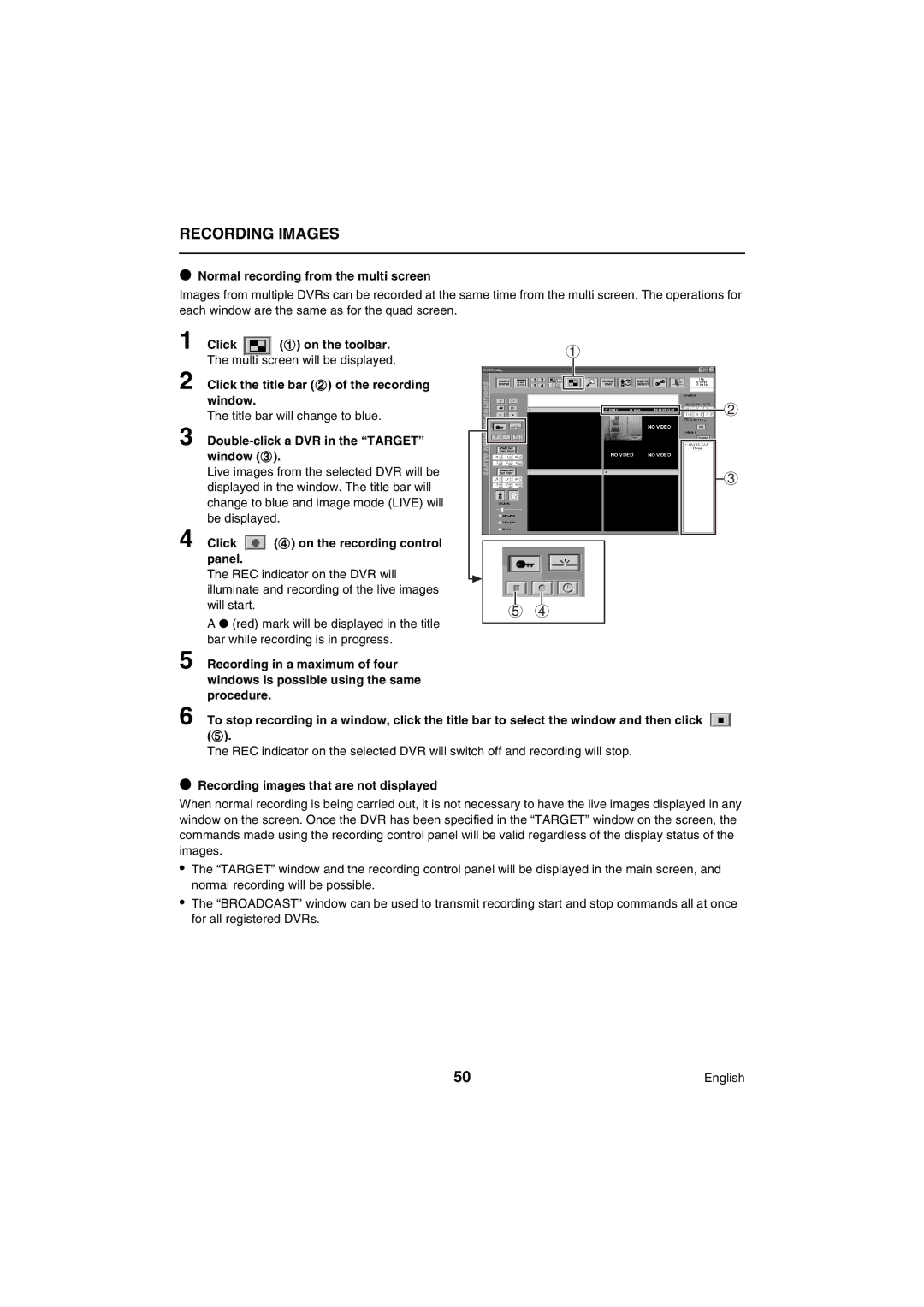 Sanyo VA-SW80LITE Recording Images, Normal recording from the multi screen, Click the title bar 2 of the recording window 