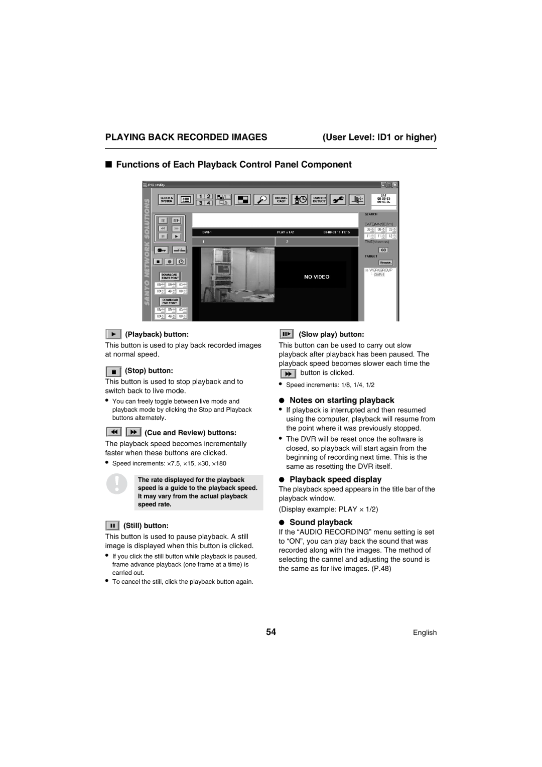 Sanyo VA-SW80LITE instruction manual Playing Back Recorded Images, Functions of Each Playback Control Panel Component 