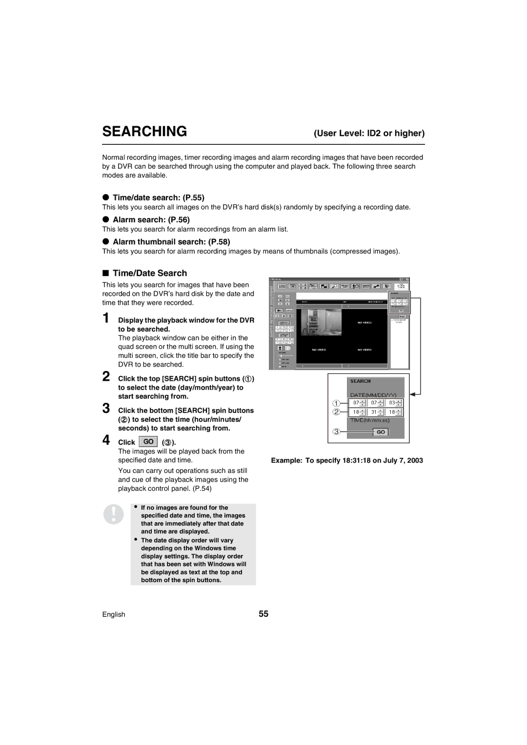 Sanyo VA-SW80LITE Searching, User Level ID2 or higher, Time/Date Search, Example To specify 183118 on July 7 