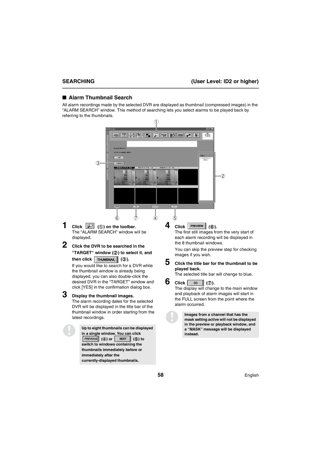 Sanyo VA-SW80LITE Alarm Thumbnail Search, Alarm Search window will be displayed, Display the thumbnail images 