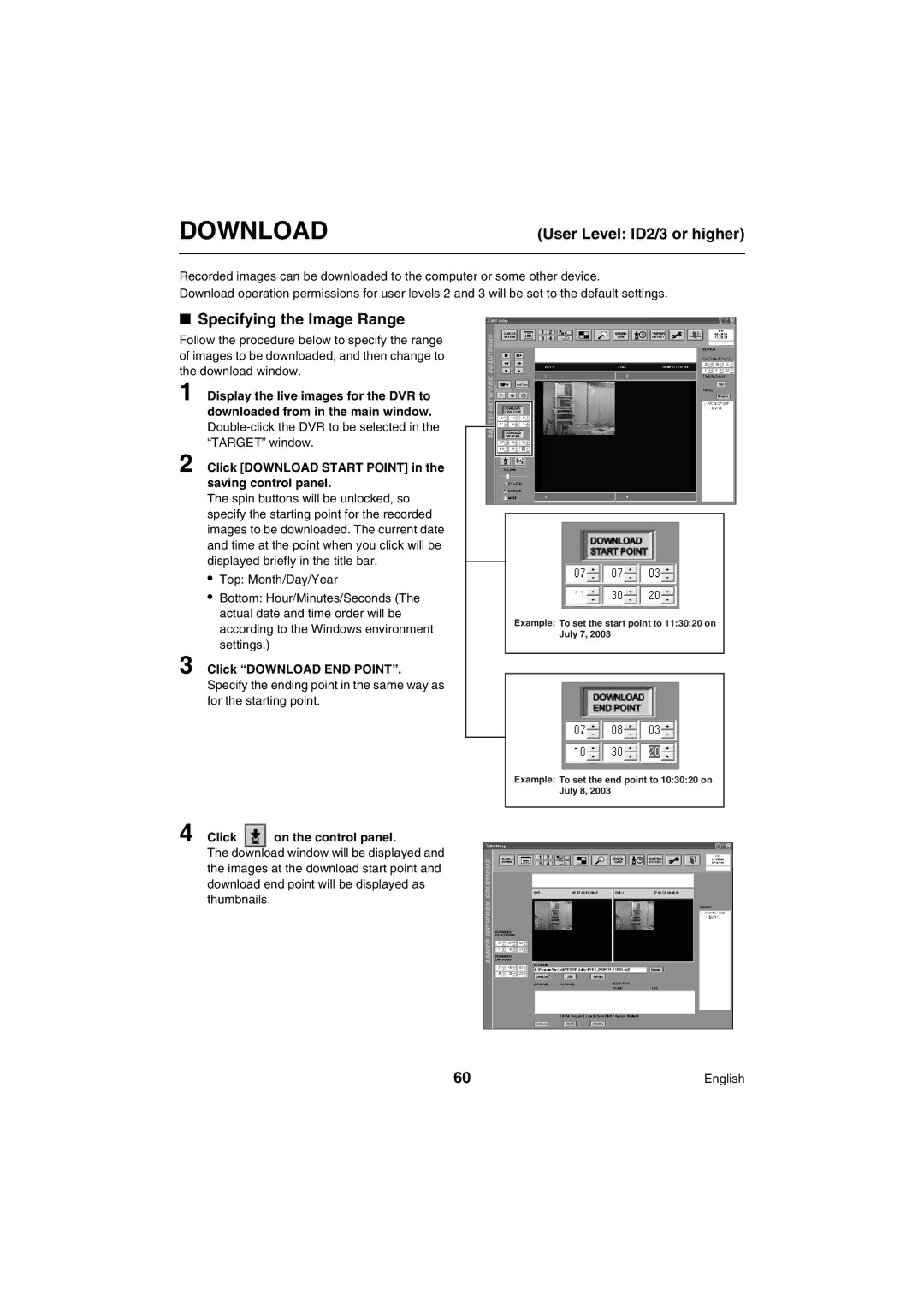 Sanyo VA-SW80LITE instruction manual User Level ID2/3 or higher, Specifying the Image Range, Click Download END Point 