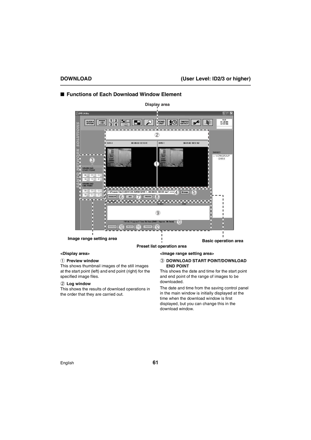 Sanyo VA-SW80LITE Functions of Each Download Window Element, Log window, Download Start POINT/DOWNLOAD END Point 