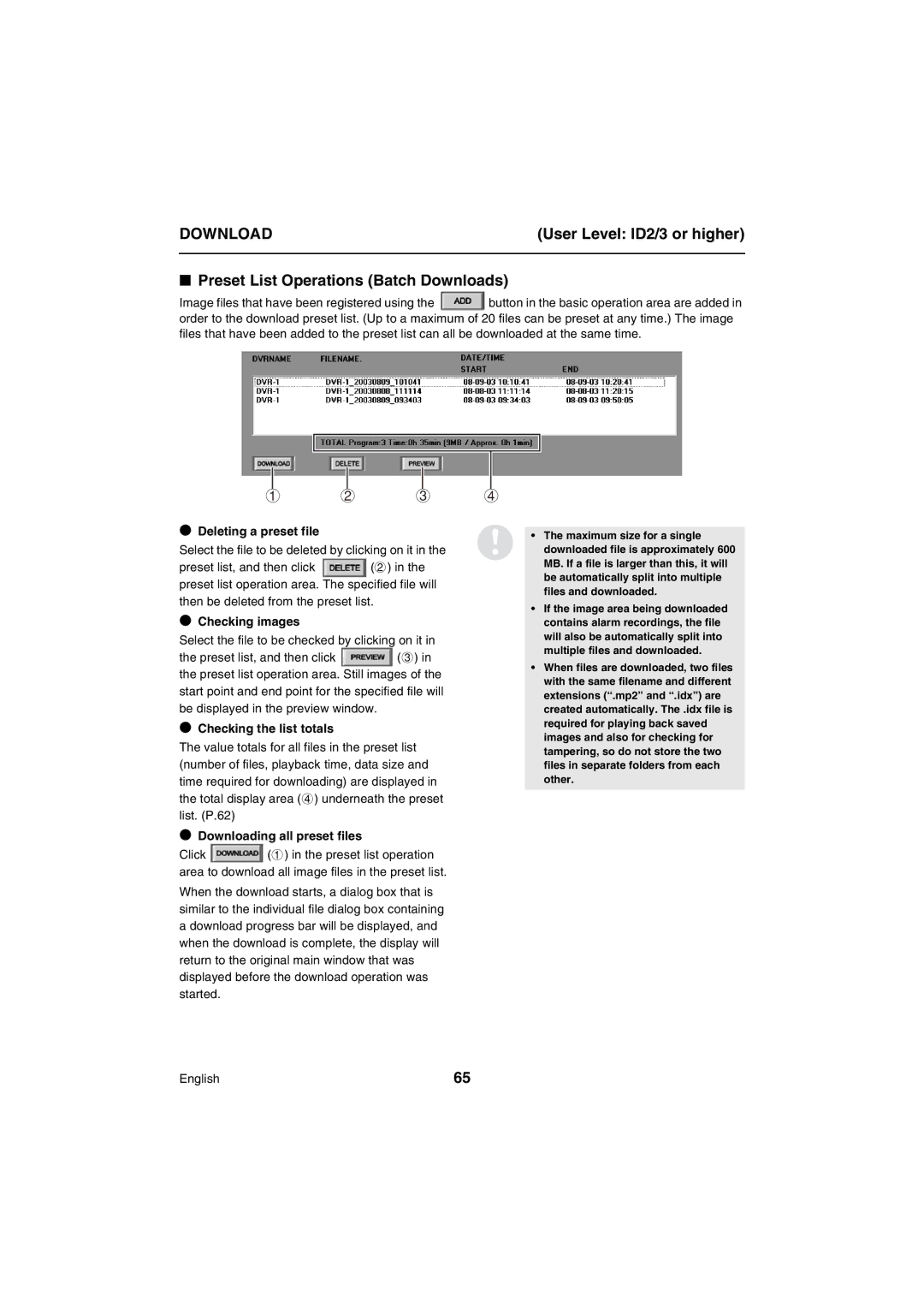 Sanyo VA-SW80LITE instruction manual Preset List Operations Batch Downloads, Deleting a preset file, Checking images 