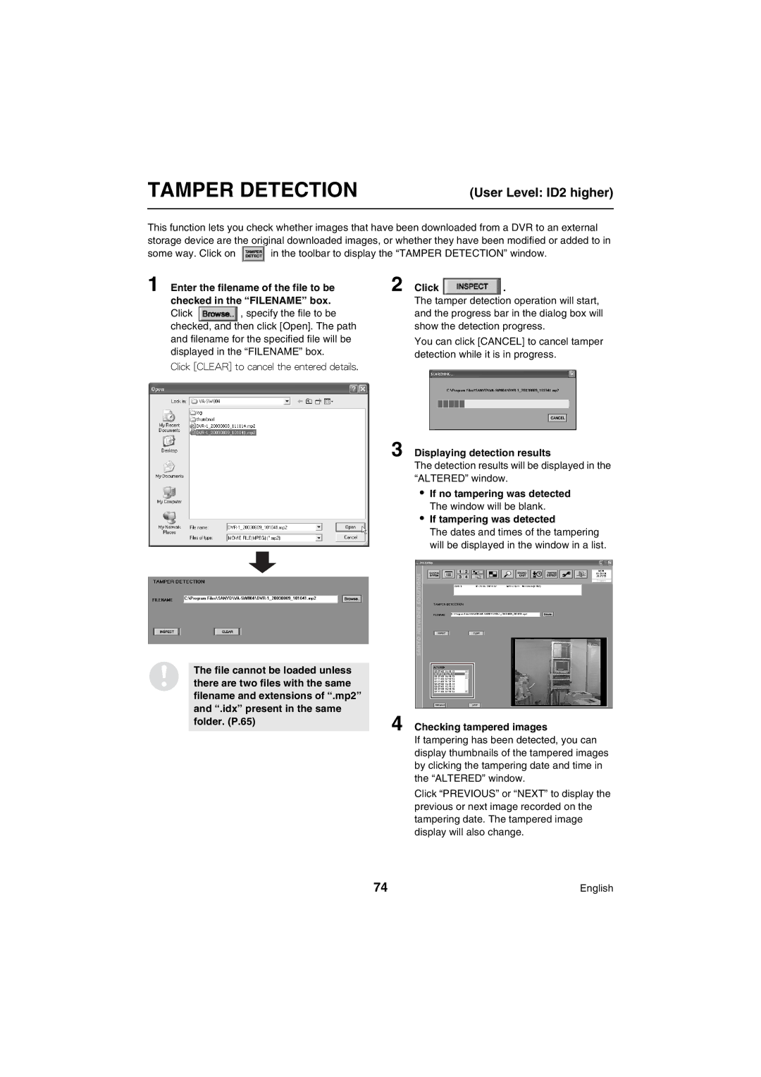 Sanyo VA-SW80LITE Tamper DETECTIONUser Level ID2 higher, Displaying detection results, If tampering was detected 