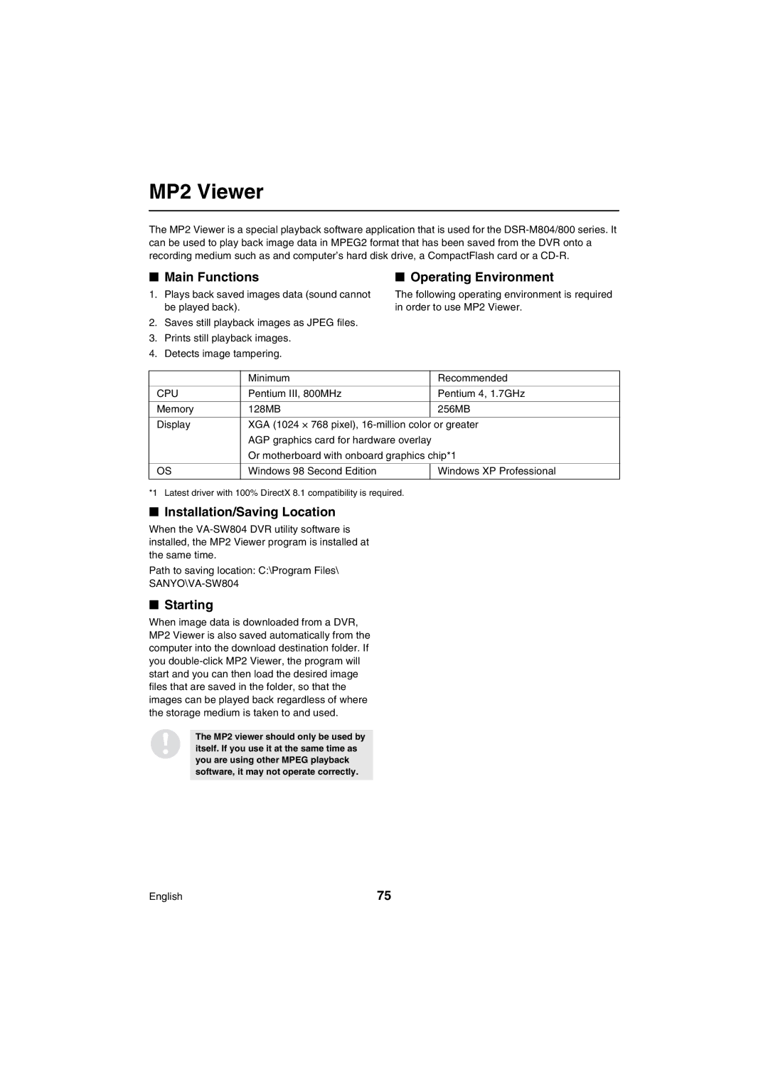 Sanyo VA-SW80LITE instruction manual Main Functions, Operating Environment, Installation/Saving Location, Starting 