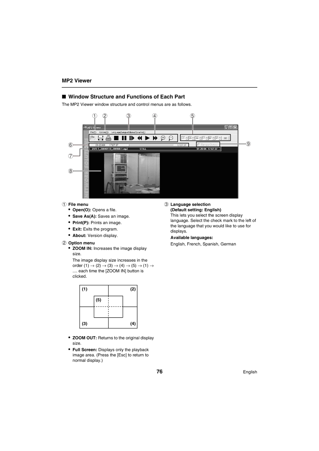 Sanyo VA-SW80LITE instruction manual MP2 Viewer Window Structure and Functions of Each Part, File menu, Option menu 