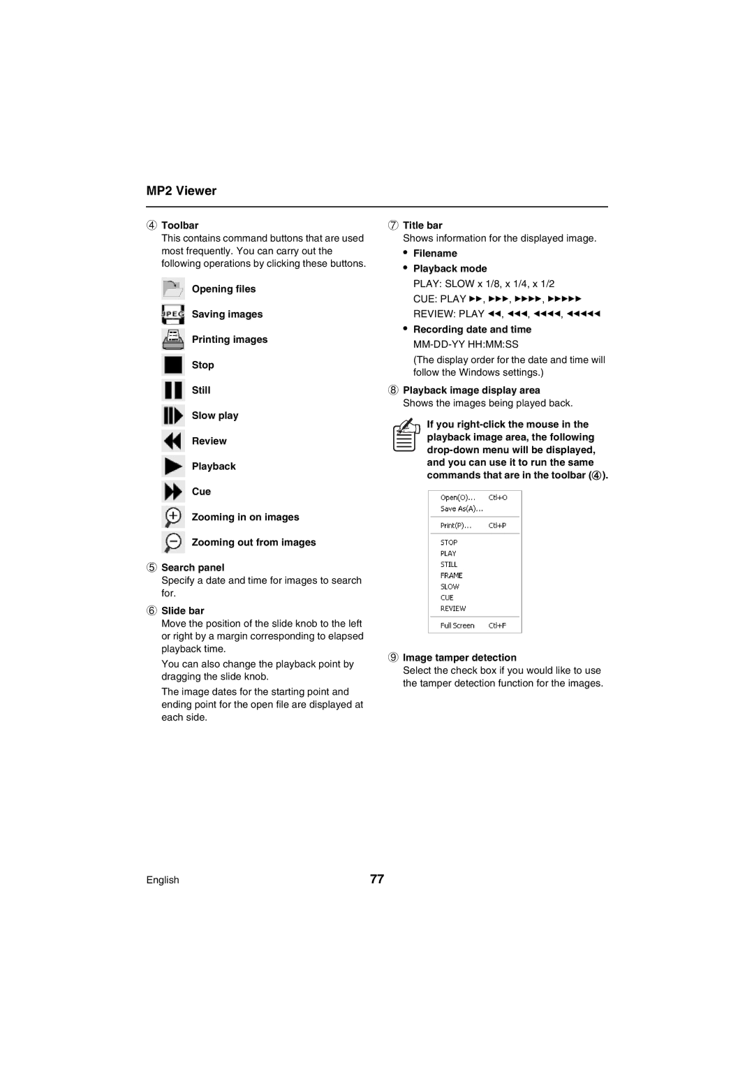 Sanyo VA-SW80LITE instruction manual MP2 Viewer, Slide bar, Title bar, Filename Playback mode, Image tamper detection 