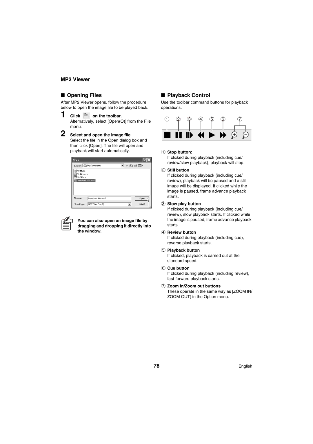 Sanyo VA-SW80LITE MP2 Viewer Opening Files Playback Control, Select and open the image file, Review button, Cue button 