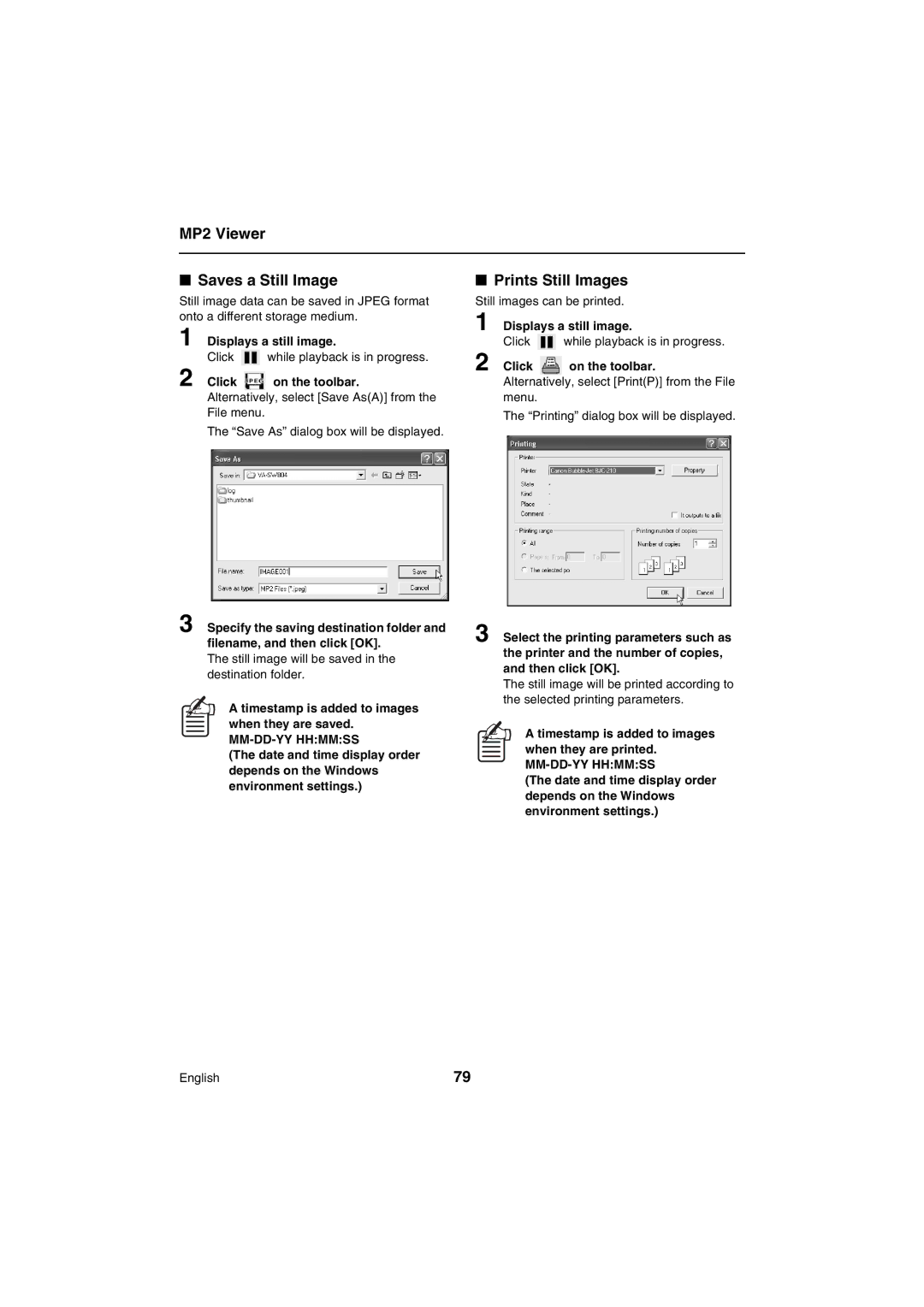 Sanyo VA-SW80LITE instruction manual MP2 Viewer Saves a Still Image, Prints Still Images, MM-DD-YY Hhmmss 