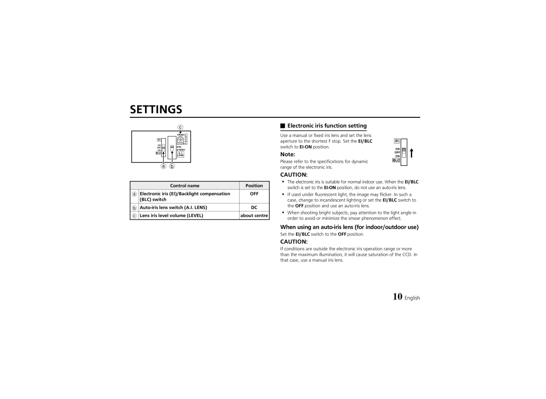 Sanyo VCB-3574IR instruction manual Settings, Electronic iris function setting, Control name 