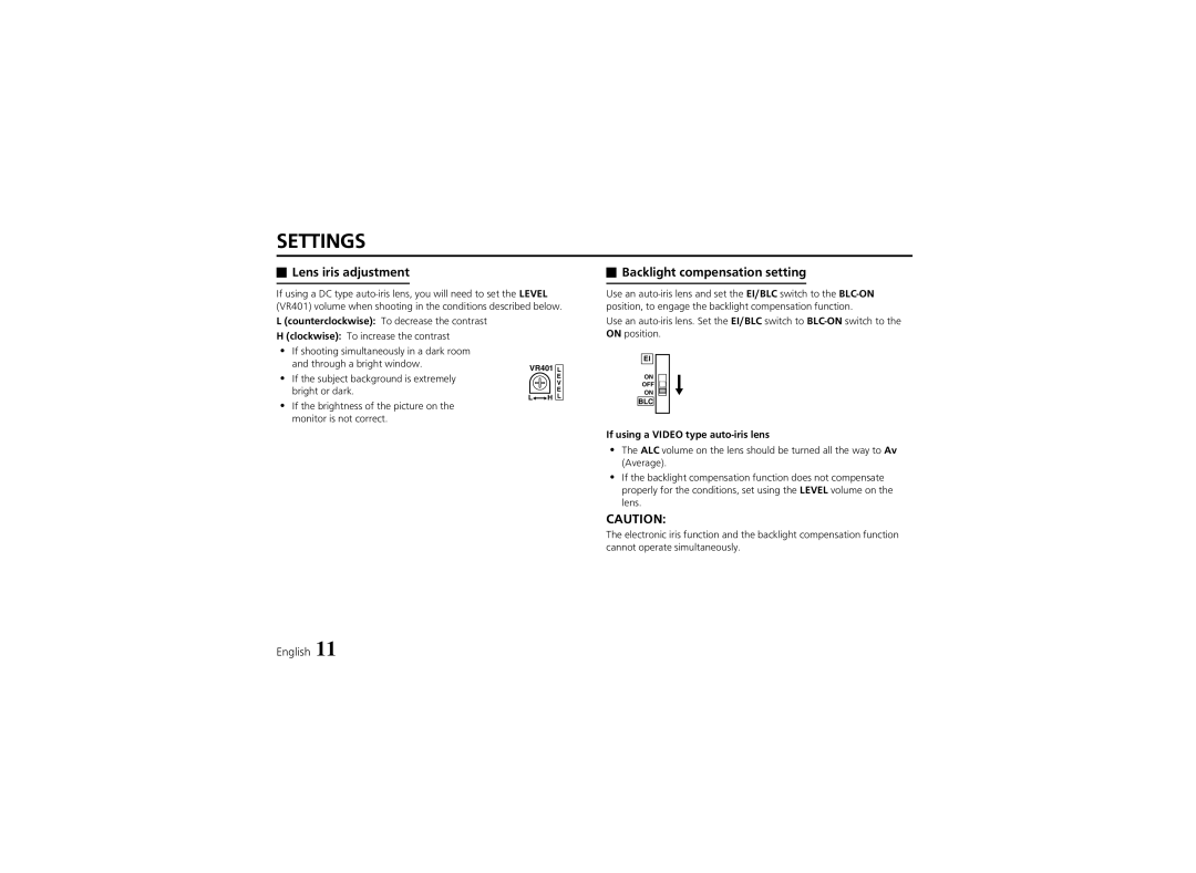 Sanyo VCB-3574IR instruction manual Settings, Lens iris adjustment, Backlight compensation setting 