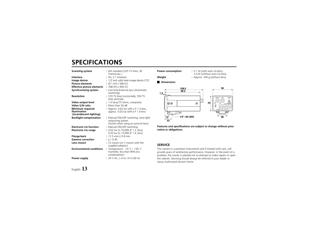 Sanyo VCB-3574IR instruction manual Specifications 