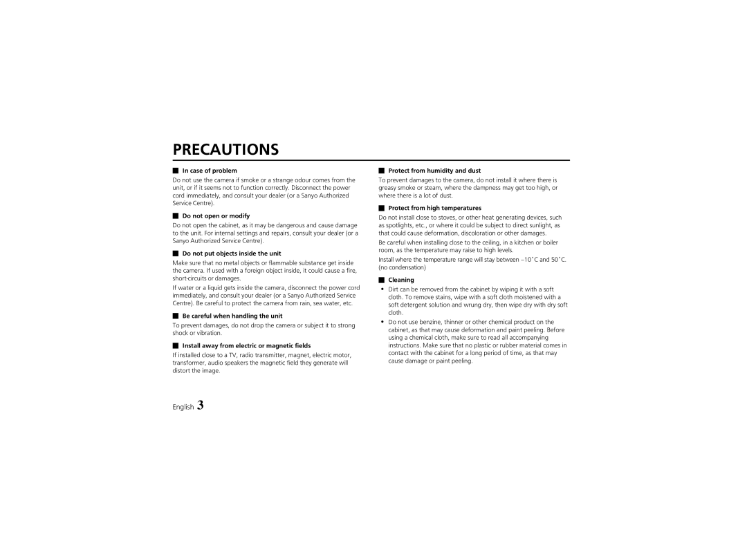 Sanyo VCB-3574IR instruction manual Precautions 