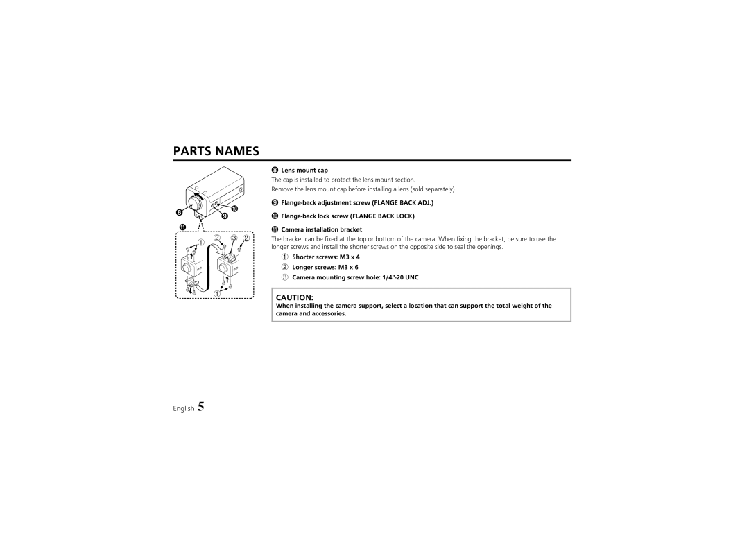 Sanyo VCB-3574IR instruction manual Parts Names, Lens mount cap 