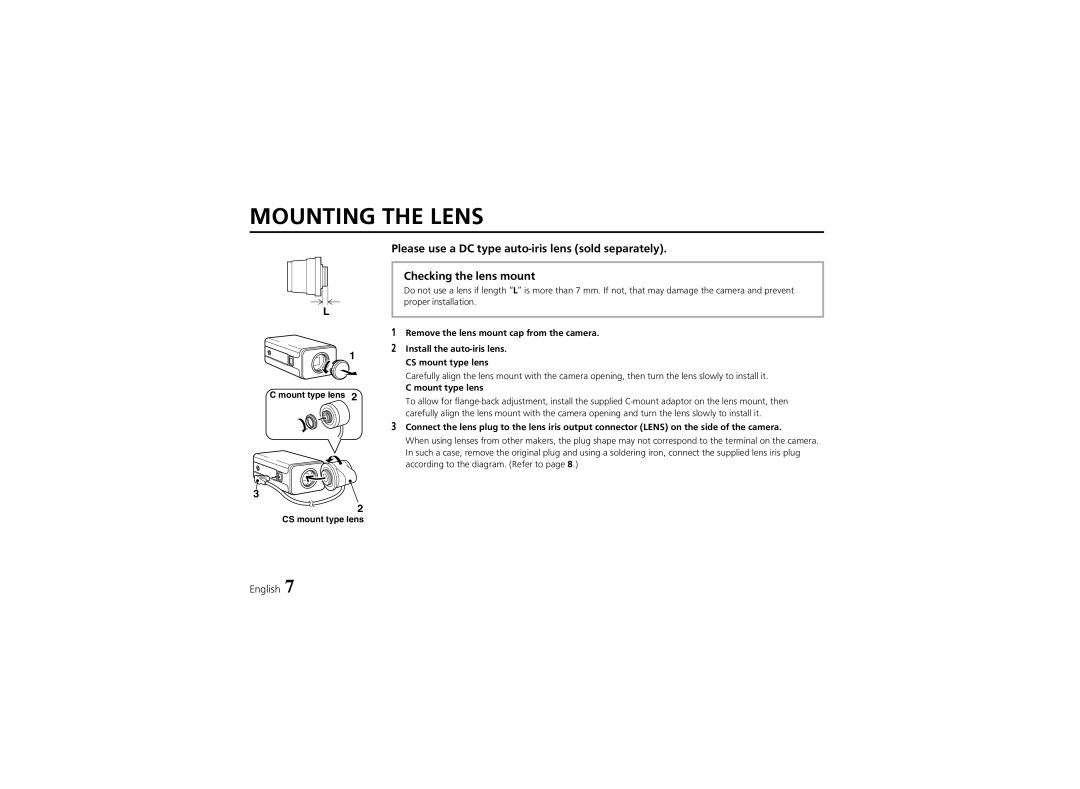 Sanyo VCB-3574IR instruction manual Mounting the Lens, Remove the lens mount cap from the camera, Mount type lens 