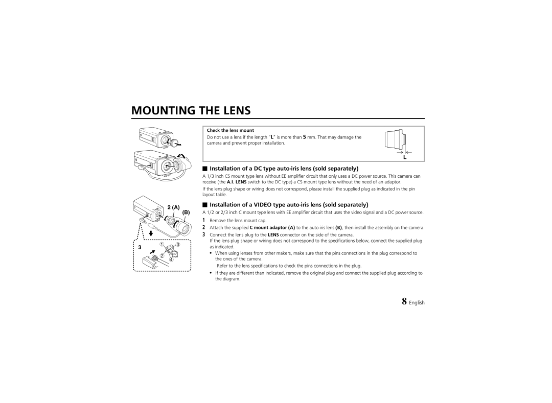 Sanyo VCC-4324 Mounting the Lens, Installation of a DC type auto-iris lens sold separately, Check the lens mount 