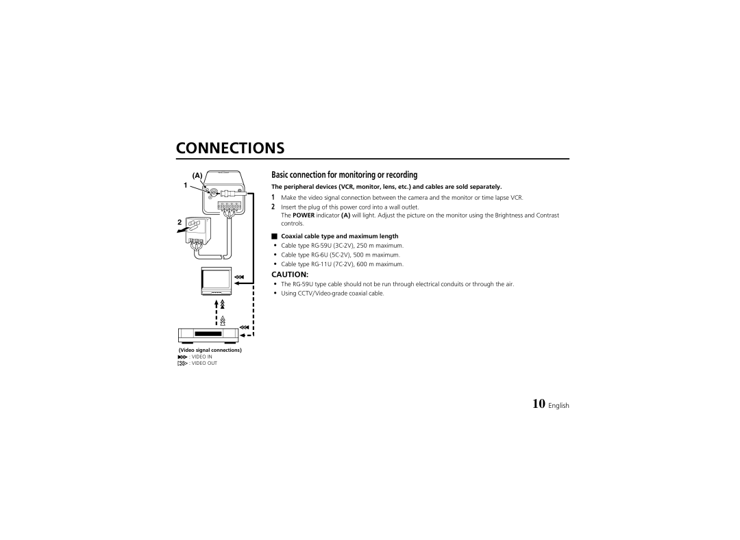 Sanyo VCC-4324 instruction manual Connections, Coaxial cable type and maximum length 