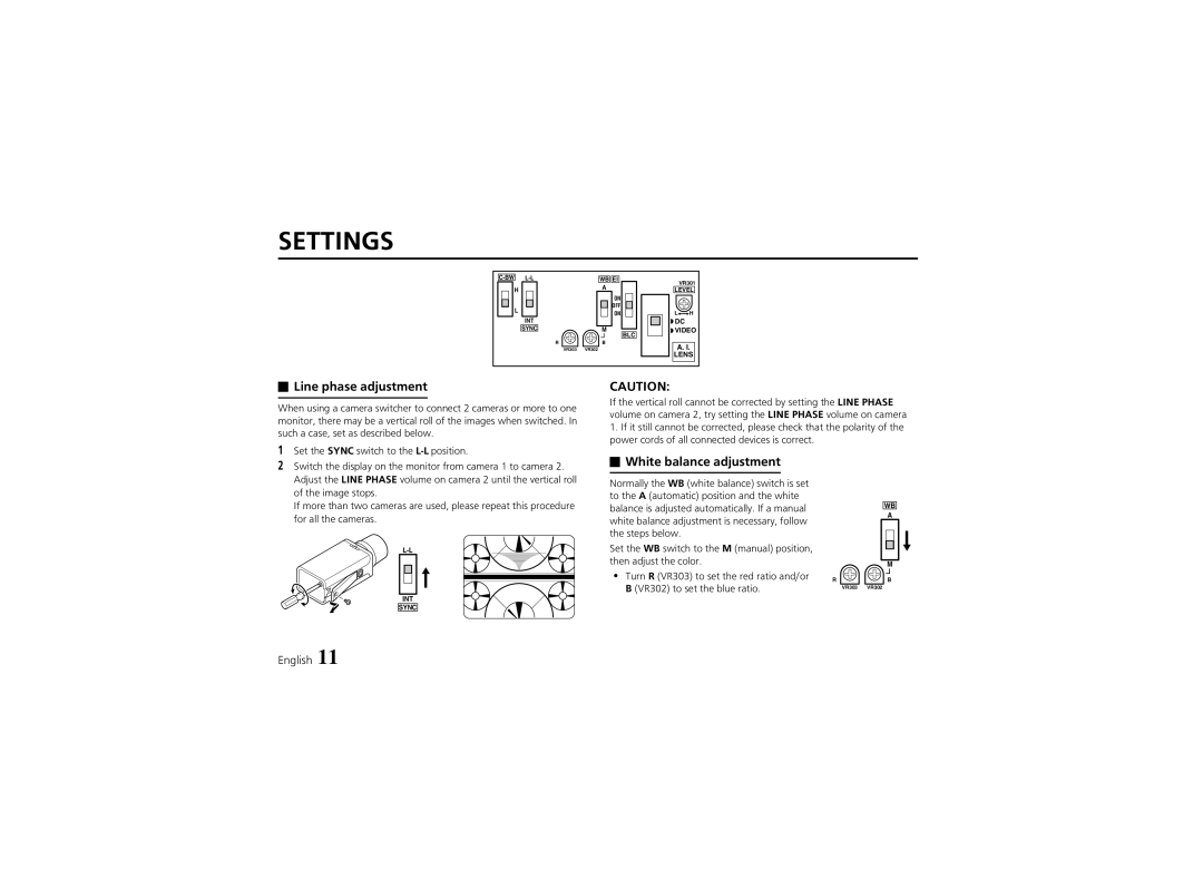 Sanyo VCC-4324 instruction manual Settings, Line phase adjustment, White balance adjustment 