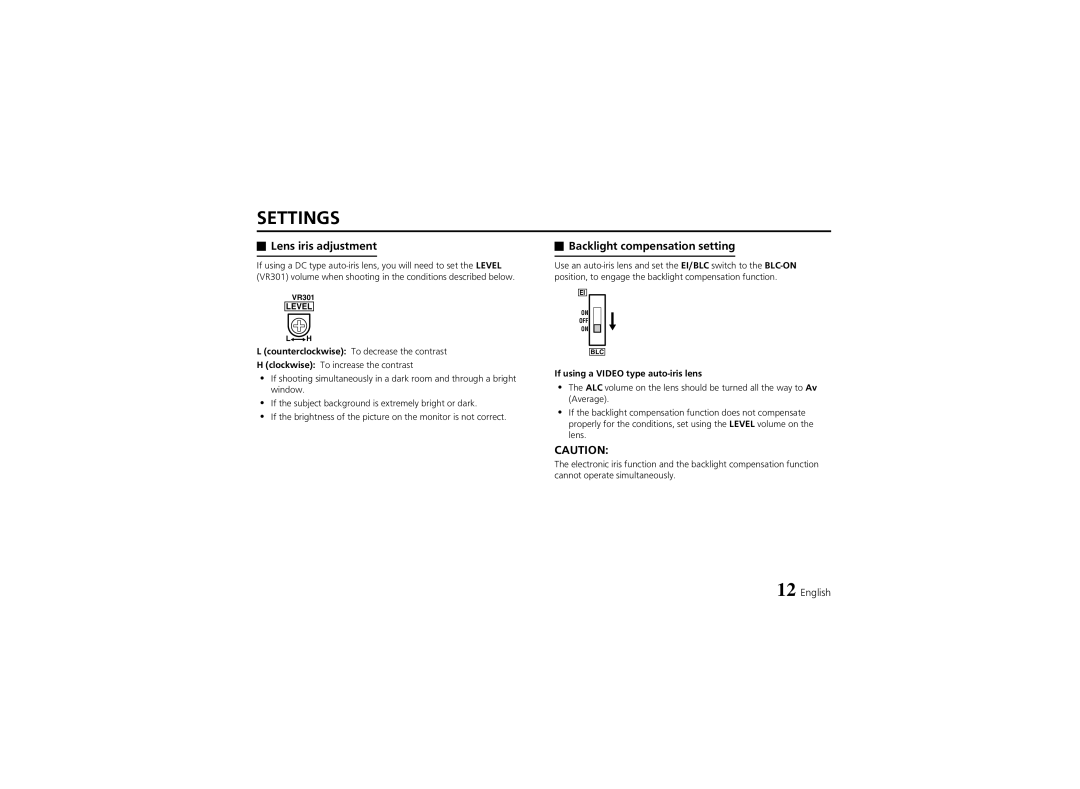 Sanyo VCC-4324 instruction manual Settings, Lens iris adjustment, Backlight compensation setting 