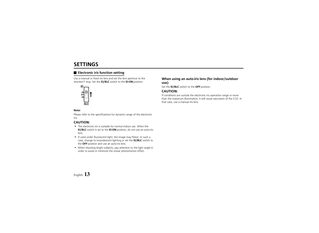 Sanyo VCC-4324 instruction manual Electronic iris function setting, When using an auto-iris lens for indoor/outdoor use 