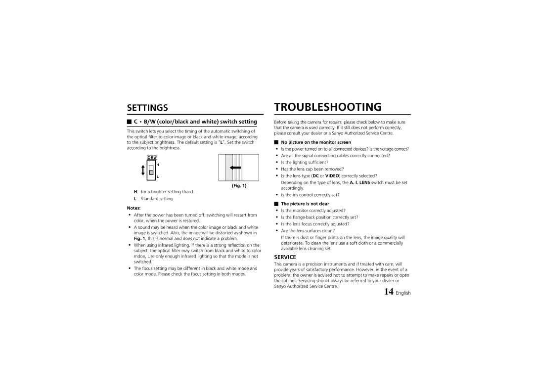 Sanyo VCC-4324 instruction manual Troubleshooting, W color/black and white switch setting, No picture on the monitor screen 