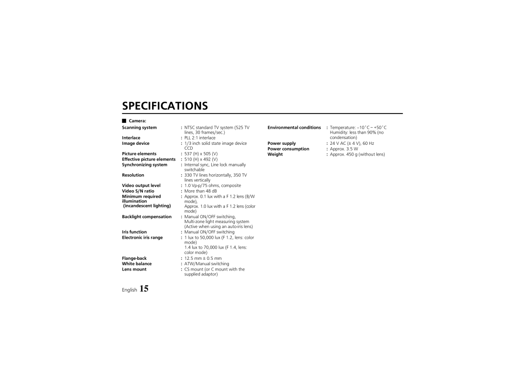 Sanyo VCC-4324 instruction manual Specifications 