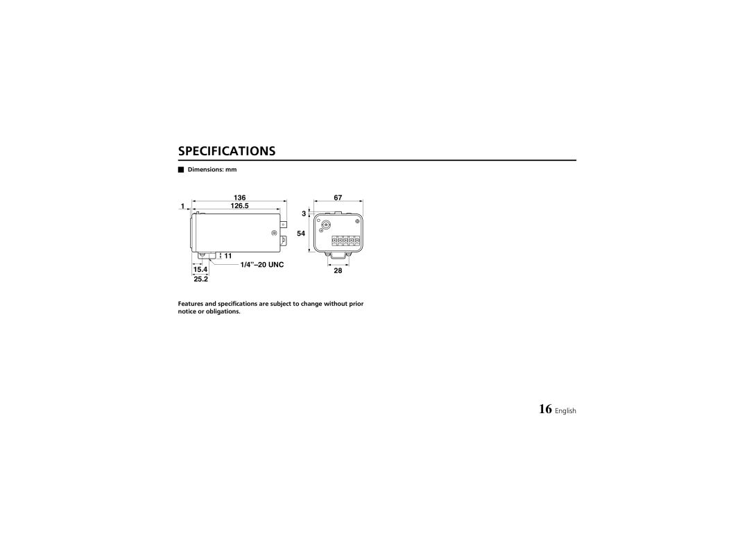 Sanyo VCC-4324 instruction manual Specifications, Dimensions mm 