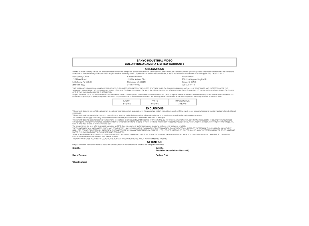 Sanyo VCC-4324 instruction manual Exclusions 