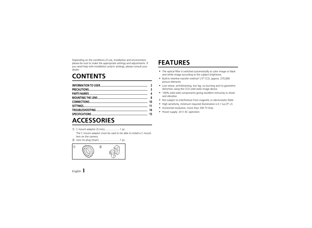 Sanyo VCC-4324 instruction manual Contents, Features 