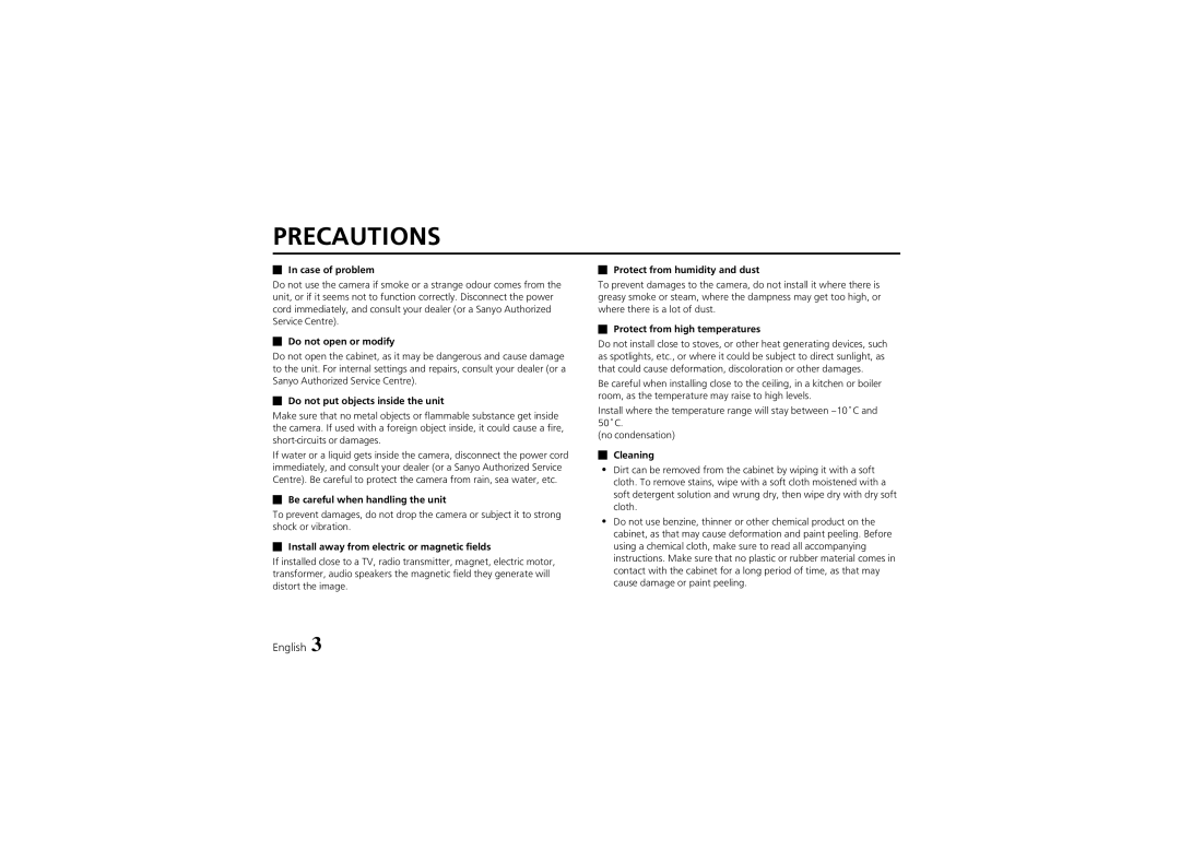 Sanyo VCC-4324 instruction manual Precautions 