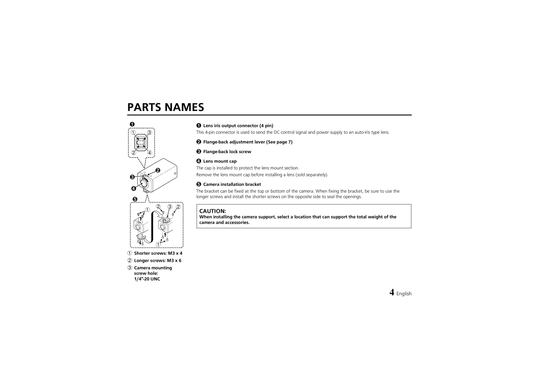 Sanyo VCC-4324 instruction manual Parts Names, Camera installation bracket 