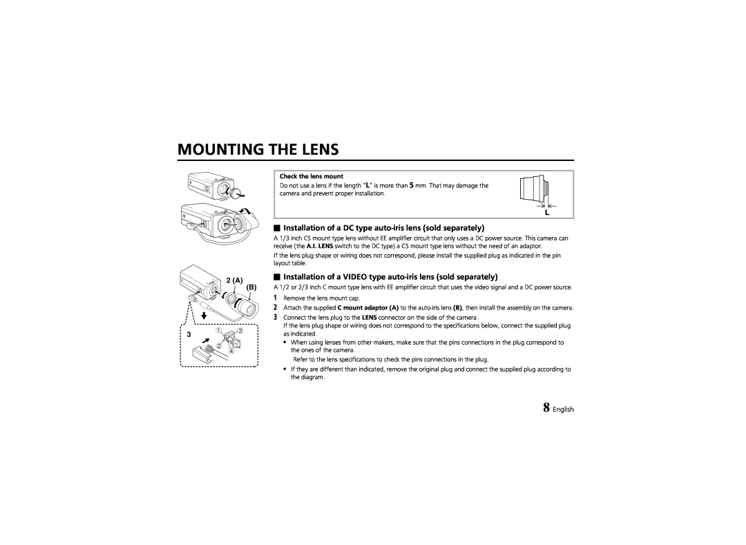 Sanyo VCC-4324 instruction manual Mounting The Lens, 2 A B 