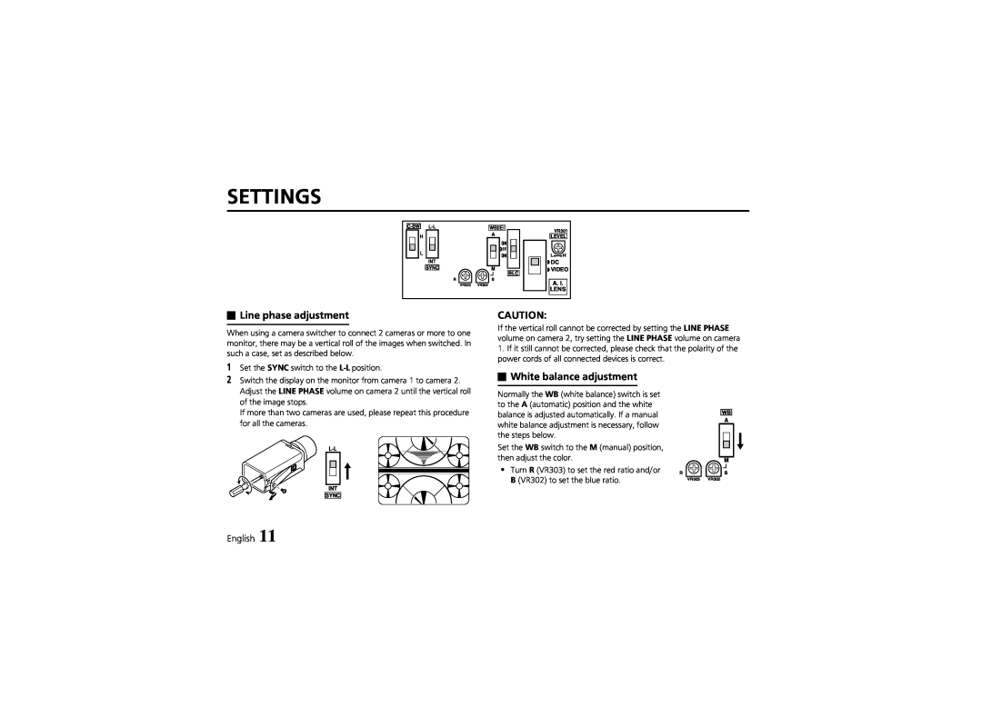 Sanyo VCC-4324 instruction manual Settings, Line phase adjustment, White balance adjustment, English 