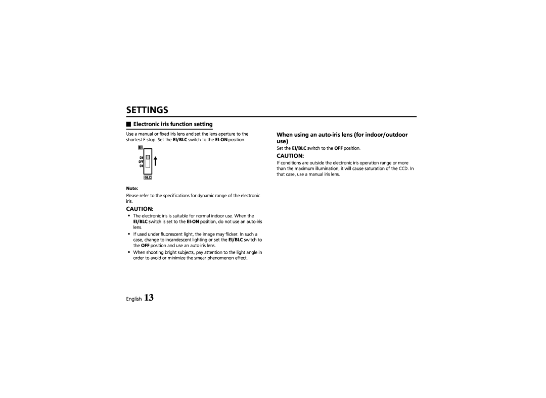 Sanyo VCC-4324 instruction manual Settings, Electronic iris function setting, English 