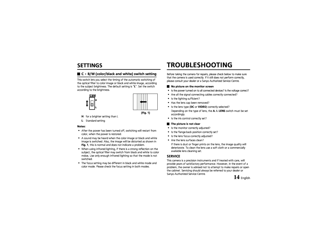 Sanyo VCC-4324 instruction manual Troubleshooting, Settings, C B/W color/black and white switch setting, Service, English 