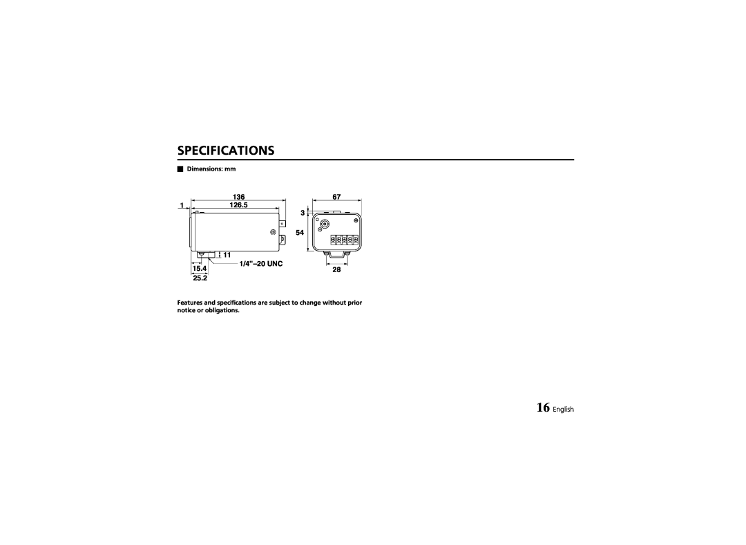 Sanyo VCC-4324 instruction manual Specifications, 136, 15.4, 1/4”-20UNC, 25.2, English 