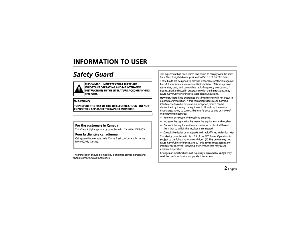 Sanyo VCC-4324 instruction manual Information To User, Safety Guard, English 