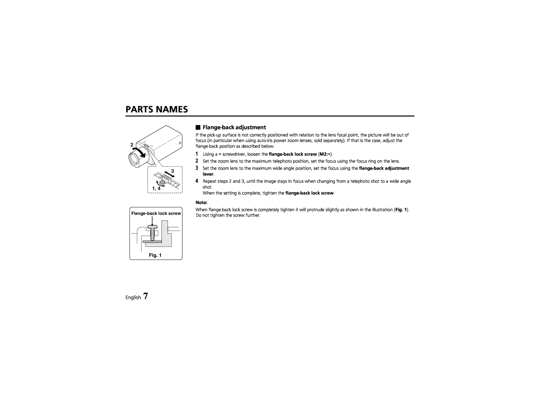 Sanyo VCC-4324 instruction manual Parts Names, Flange-backadjustment, English 