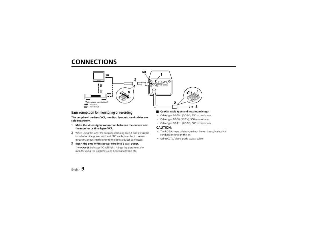 Sanyo VCC-6570P instruction manual Connections, Coaxial cable type and maximum length 