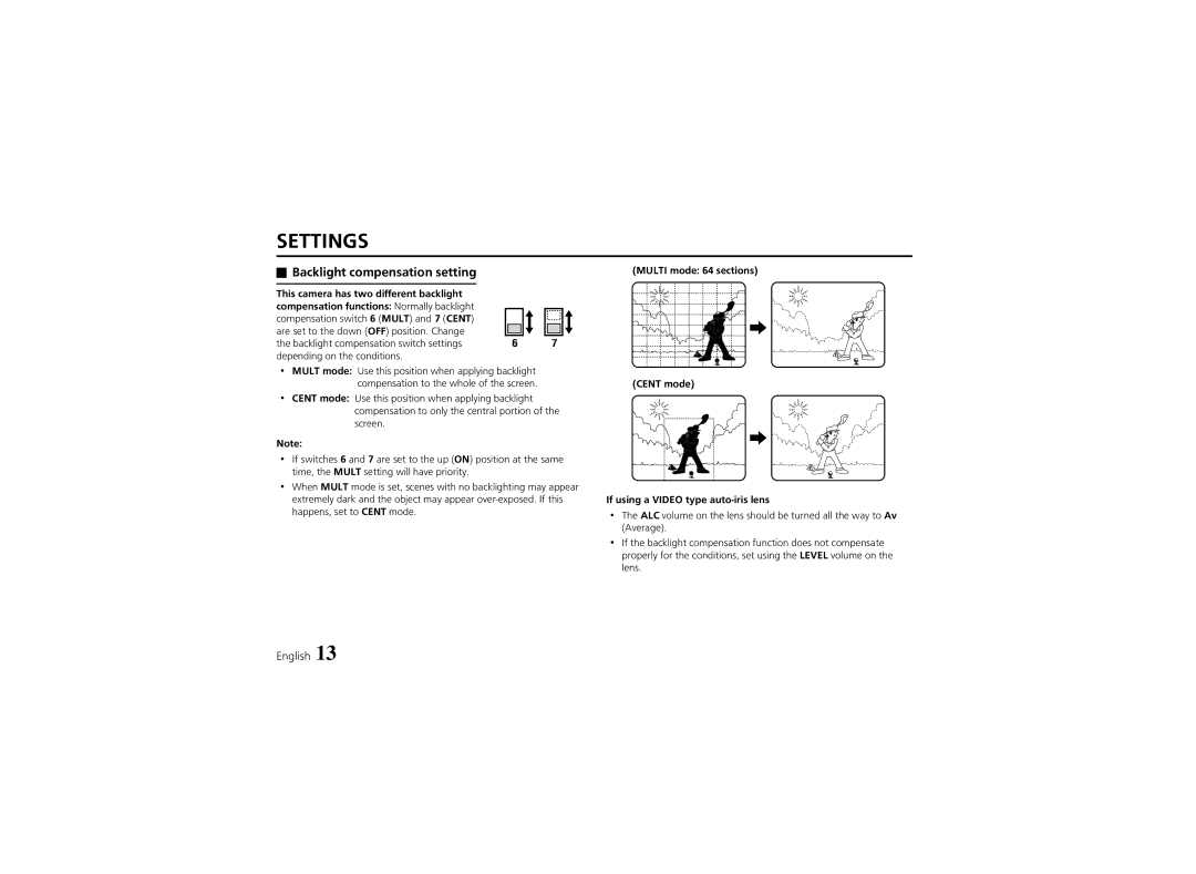 Sanyo VCC-6570P instruction manual Backlight compensation setting, This camera has two different backlight 