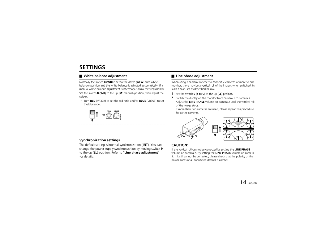 Sanyo VCC-6570P instruction manual White balance adjustment, Synchronization settings, Line phase adjustment 