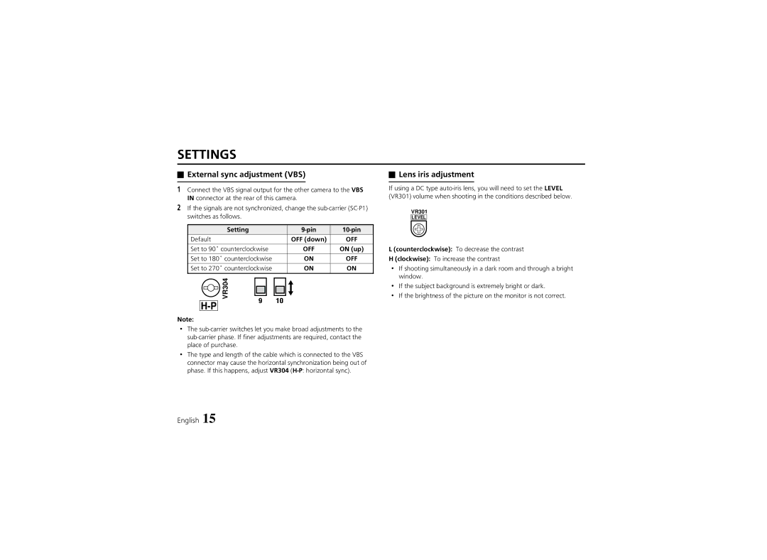 Sanyo VCC-6570P instruction manual External sync adjustment VBS, Lens iris adjustment 