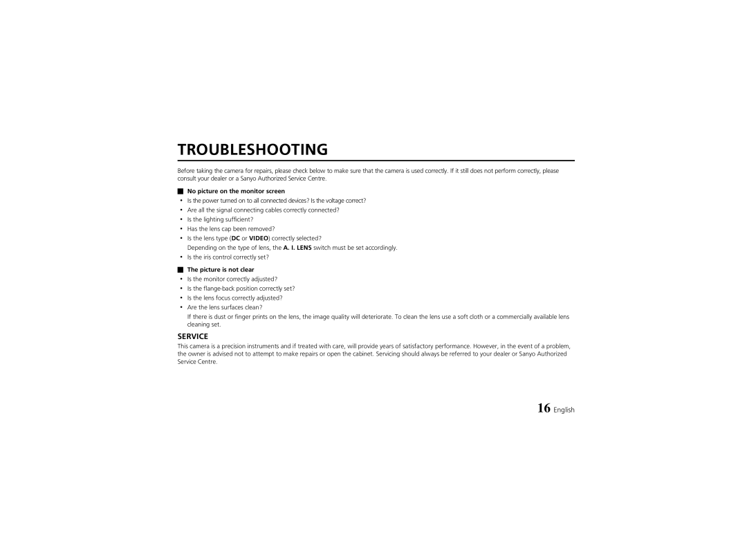 Sanyo VCC-6570P instruction manual Troubleshooting, No picture on the monitor screen, Picture is not clear 