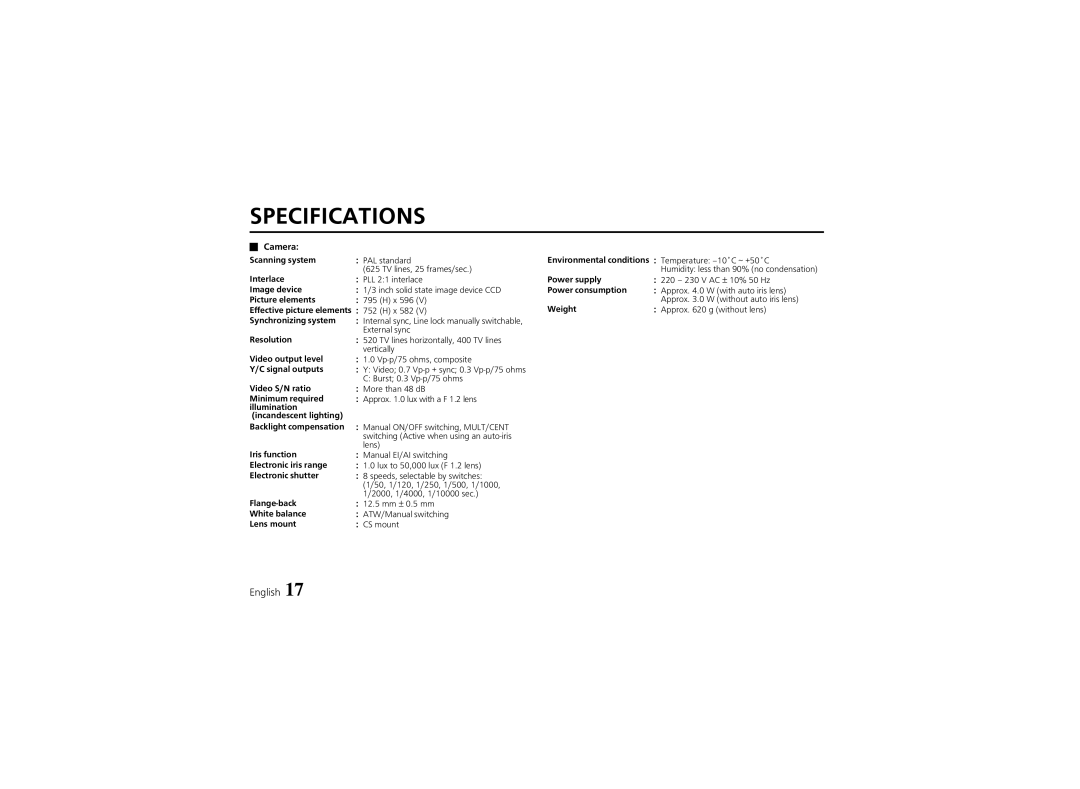 Sanyo VCC-6570P instruction manual Specifications, Camera 