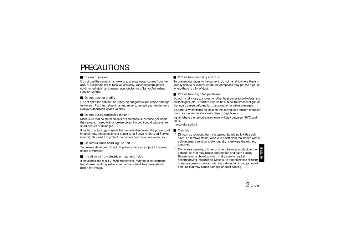 Sanyo VCC-6570P instruction manual Precautions 