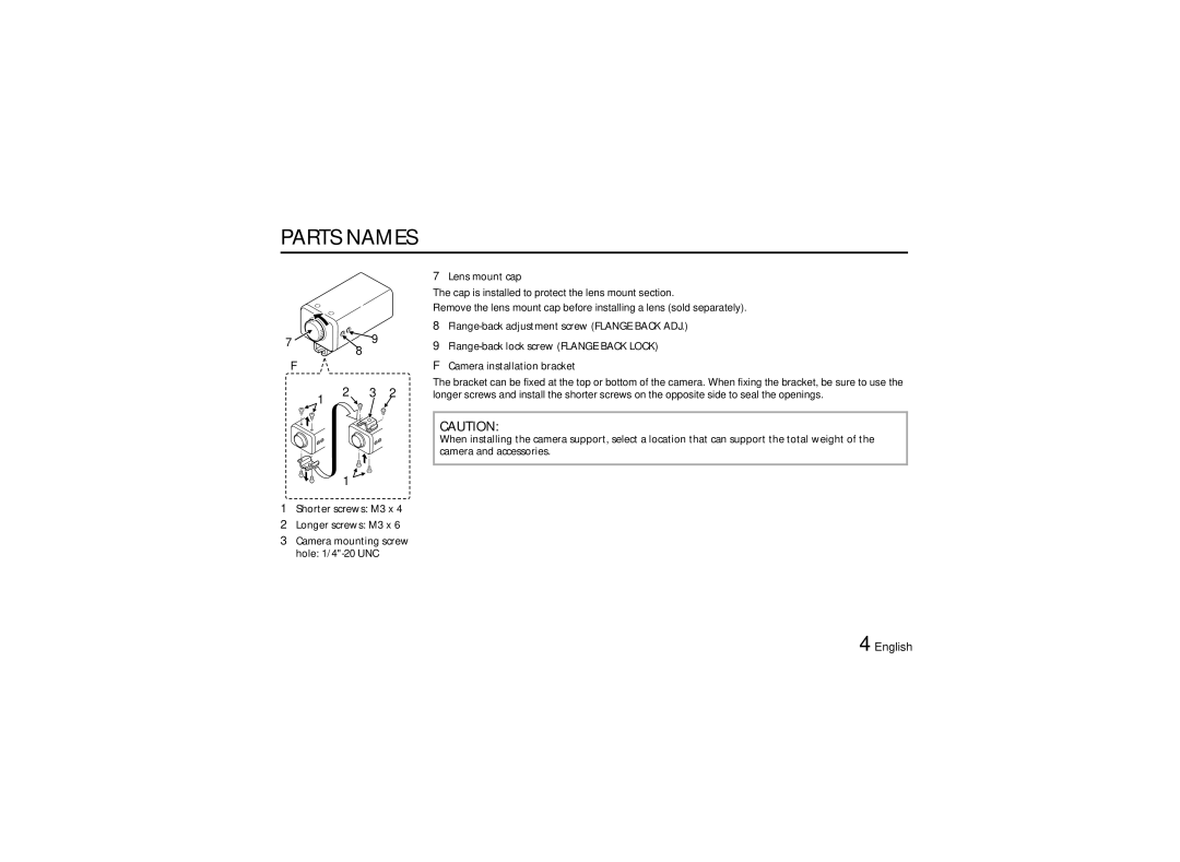 Sanyo VCC-6570P instruction manual Parts Names, Hole 1/4-20 UNC, Lens mount cap 
