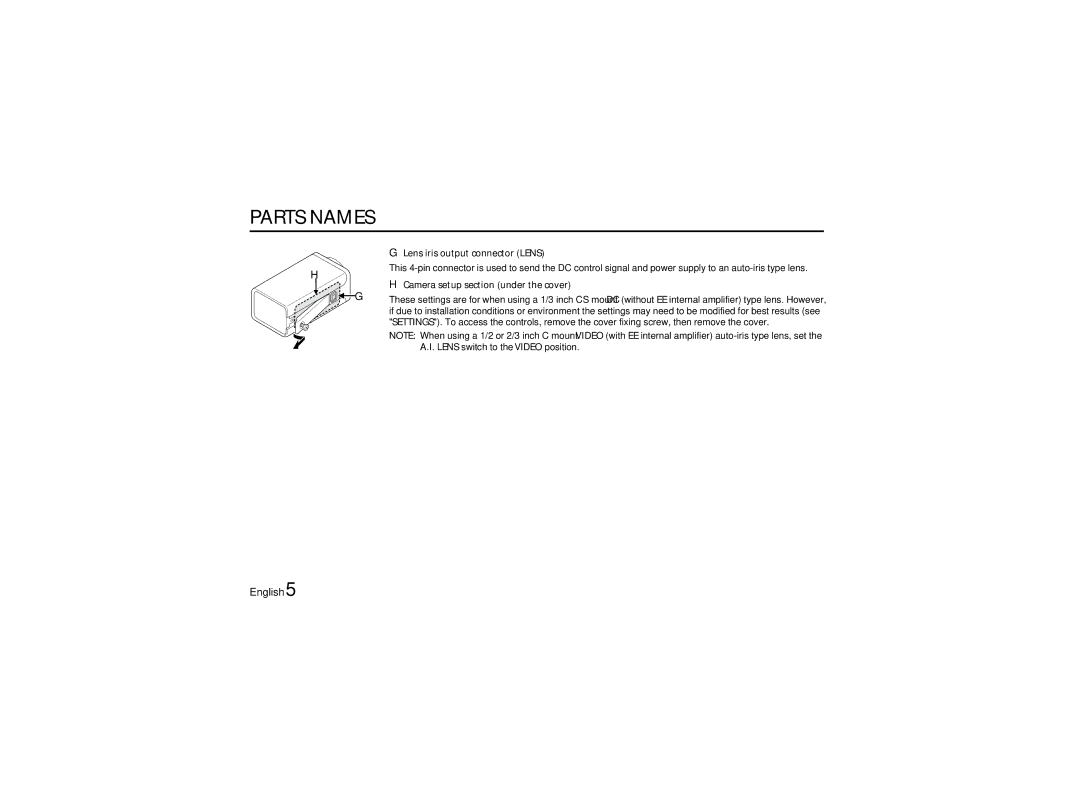 Sanyo VCC-6570P instruction manual Lens iris output connector Lens, Camera setup section under the cover 