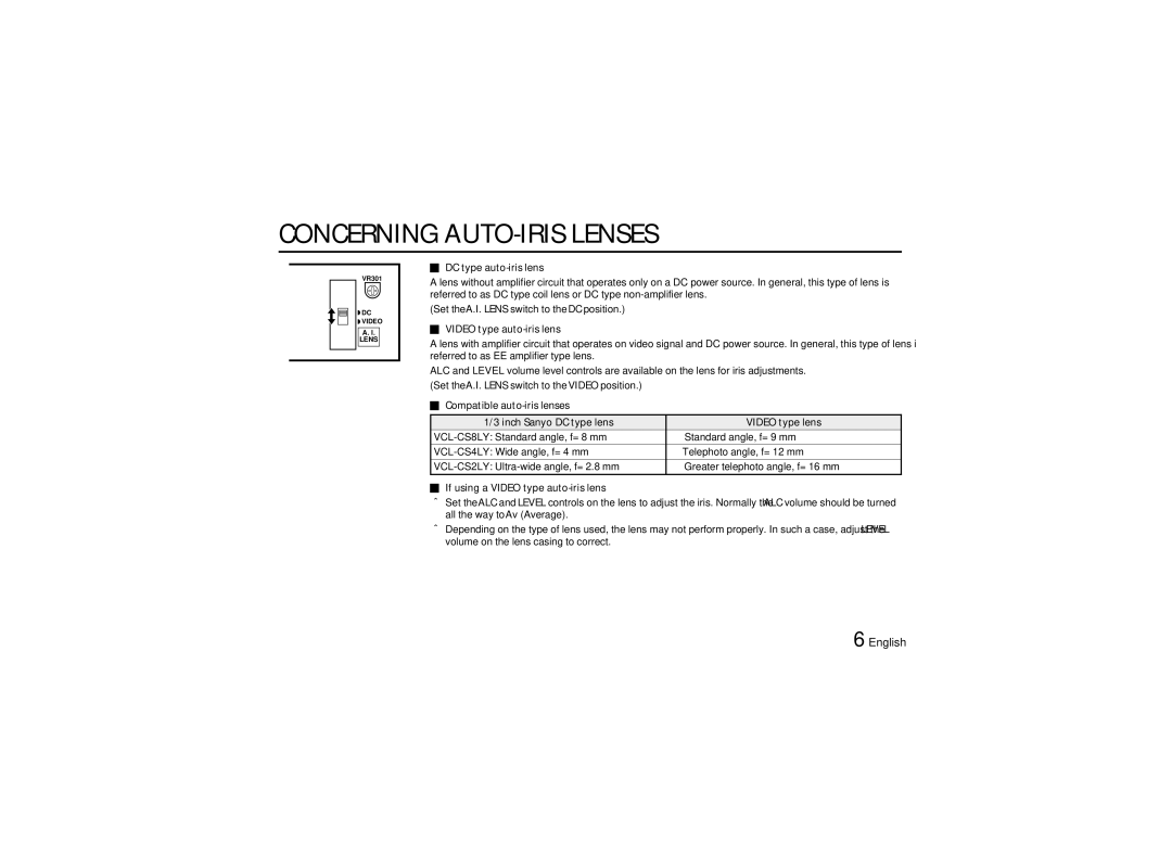 Sanyo VCC-6570P instruction manual Concerning AUTO-IRIS Lenses, DC type auto-iris lens, Video type auto-iris lens 