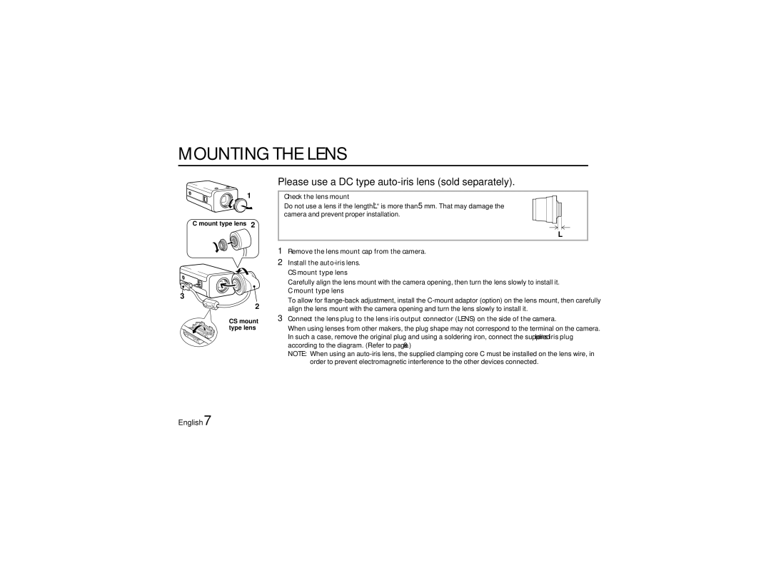 Sanyo VCC-6570P Mounting the Lens, Check the lens mount, Remove the lens mount cap from the camera, Mount type lens 